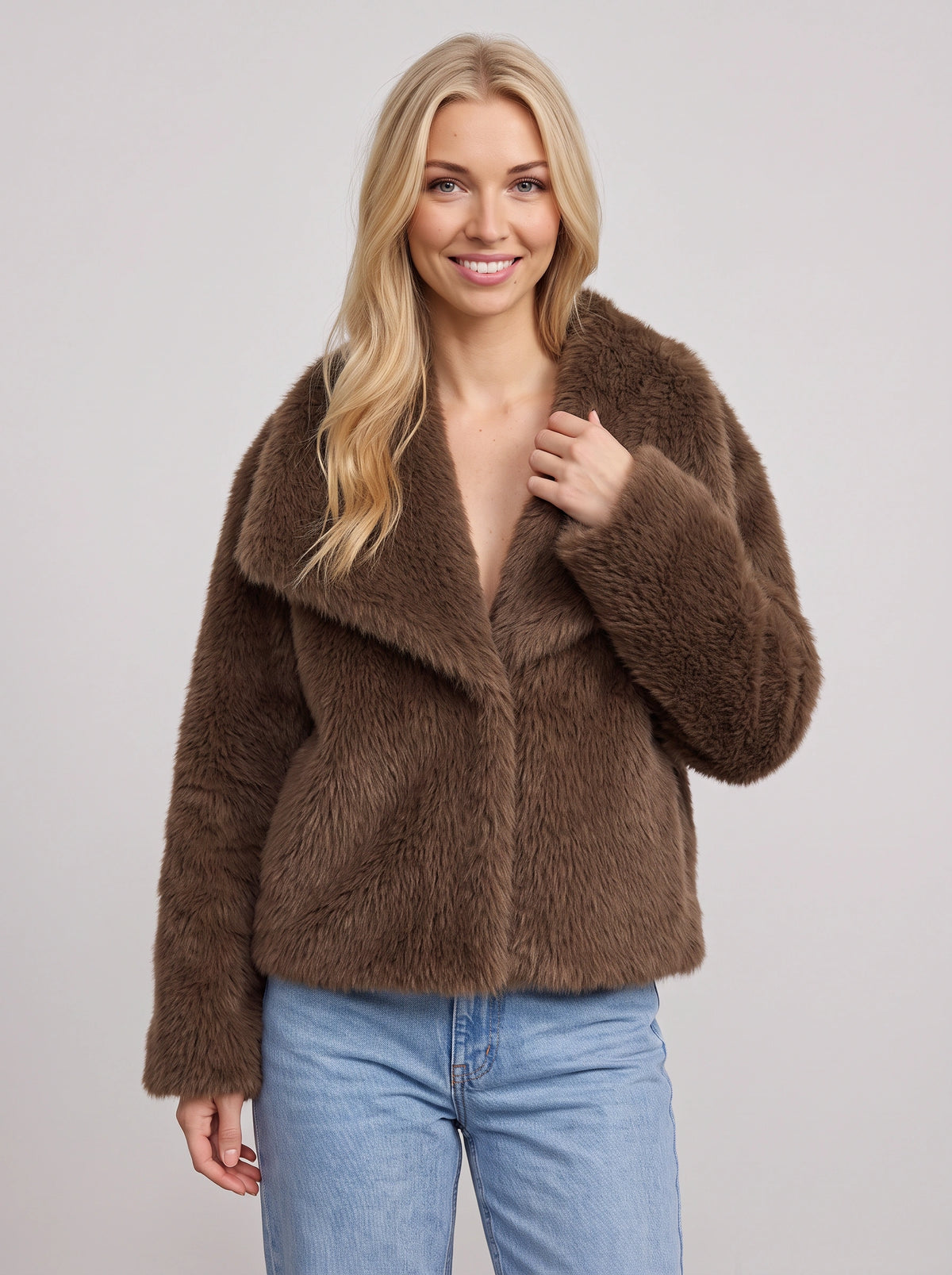Lapush Faux Fur Cropped Jacket – Teddy Bear Women Winter Outerwear Casual Evening Coat