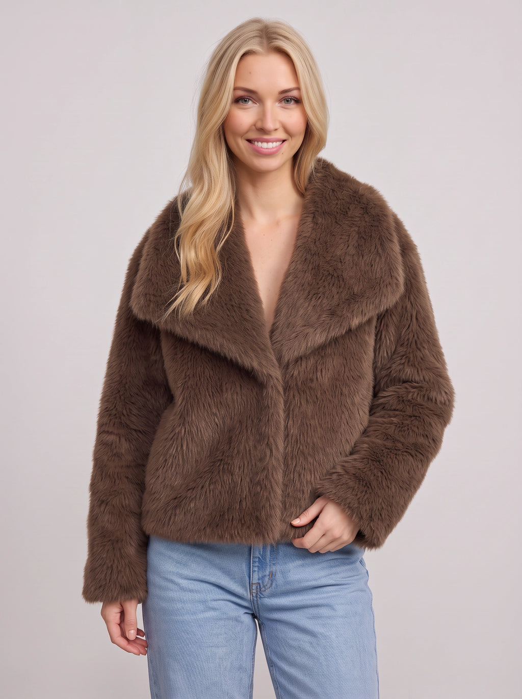 Lapush Faux Fur Cropped Jacket – Teddy Bear Women Winter Outerwear Casual Evening Coat