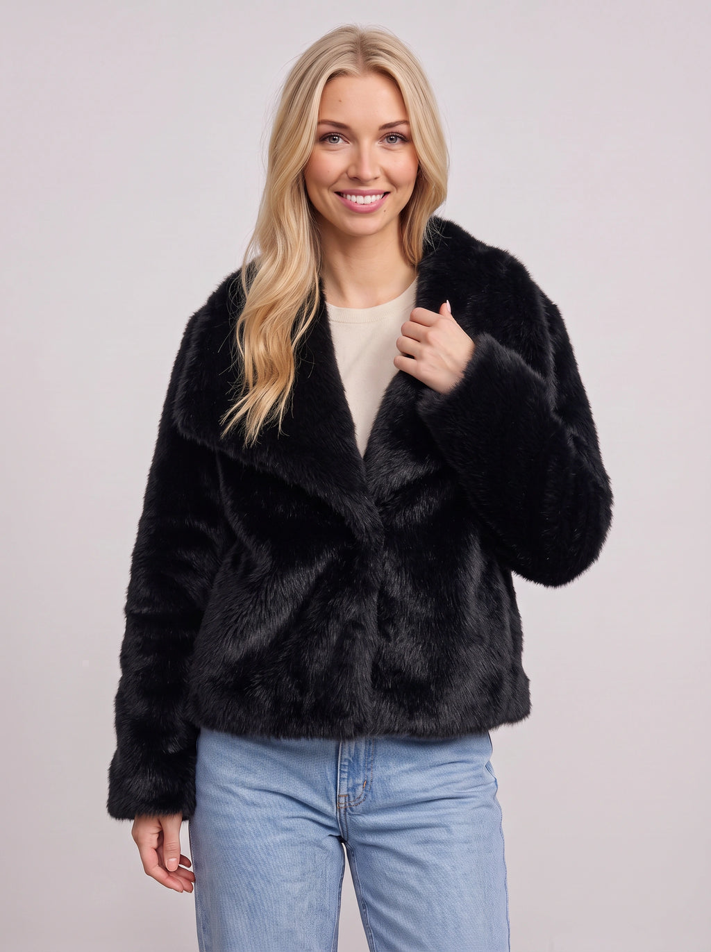 Lapush Faux Fur Cropped Jacket – Teddy Bear Women Winter Outerwear Casual Evening Coat
