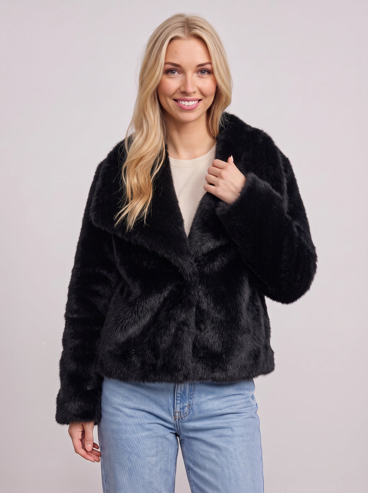 Lapush Faux Fur Cropped Jacket – Teddy Bear Women Winter Outerwear Casual Evening Coat