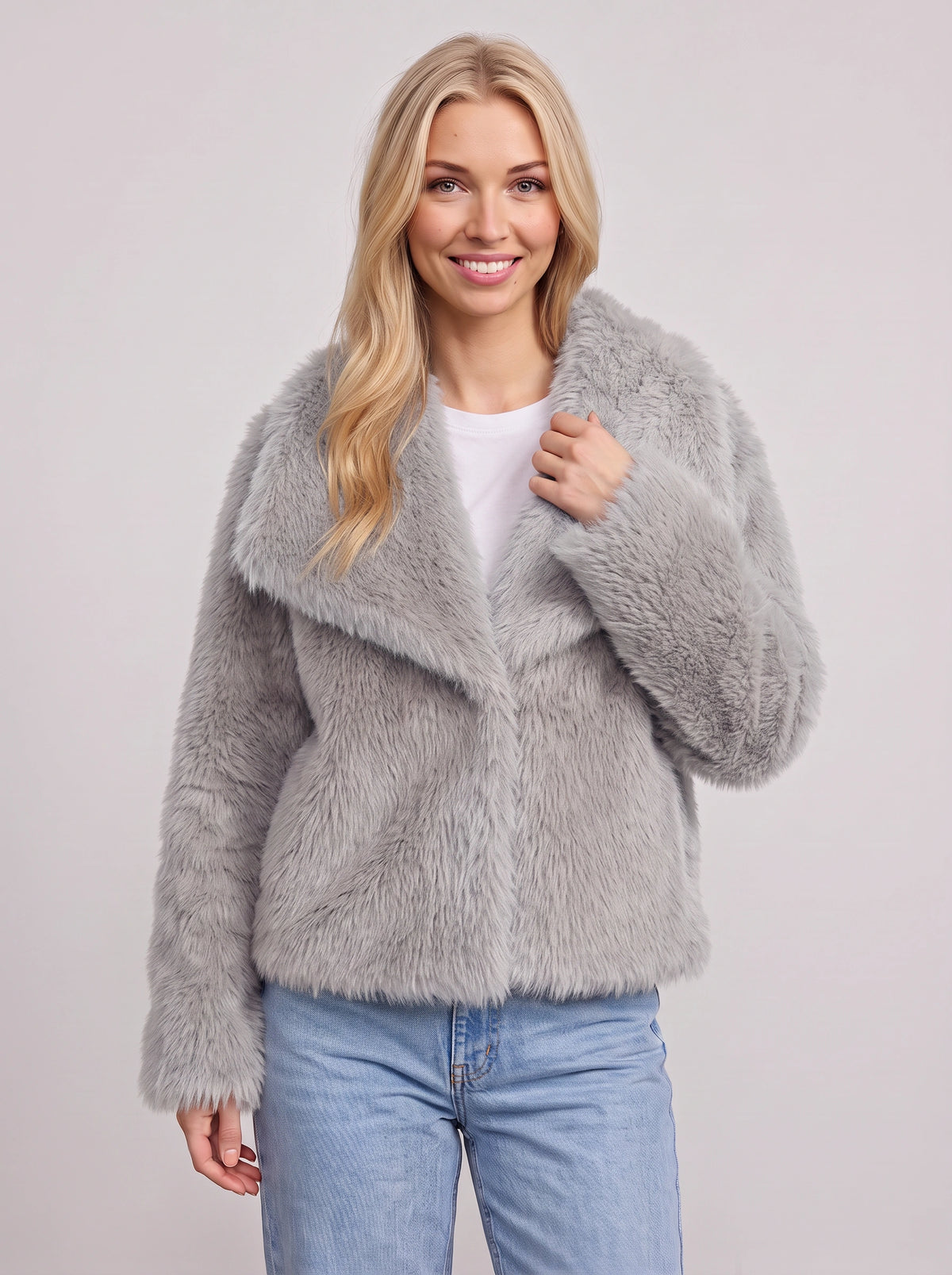 Lapush Faux Fur Cropped Jacket – Teddy Bear Women Winter Outerwear Casual Evening Coat