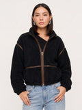 Hollena Teddy Trim Crop Jacket – Black Fleece Zip Up Women Full Zip Sherpa Bomber Hooded Casual Jacket