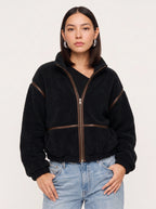 Hollena Teddy Trim Crop Jacket – Black Fleece Zip Up Women Full Zip Sherpa Bomber Hooded Casual Jacket