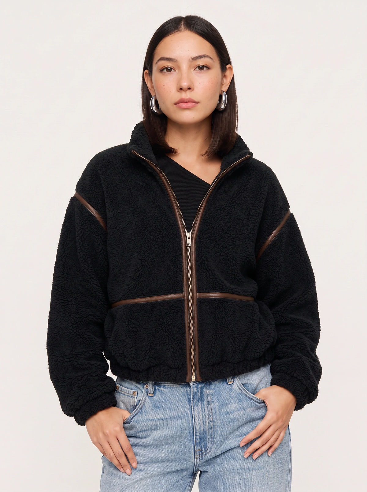 Hollena Teddy Trim Crop Jacket – Black Fleece Zip Up Women Full Zip Sherpa Bomber Hooded Casual Jacket