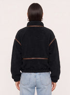 Hollena Teddy Trim Crop Jacket – Black Fleece Zip Up Women Full Zip Sherpa Bomber Hooded Casual Jacket