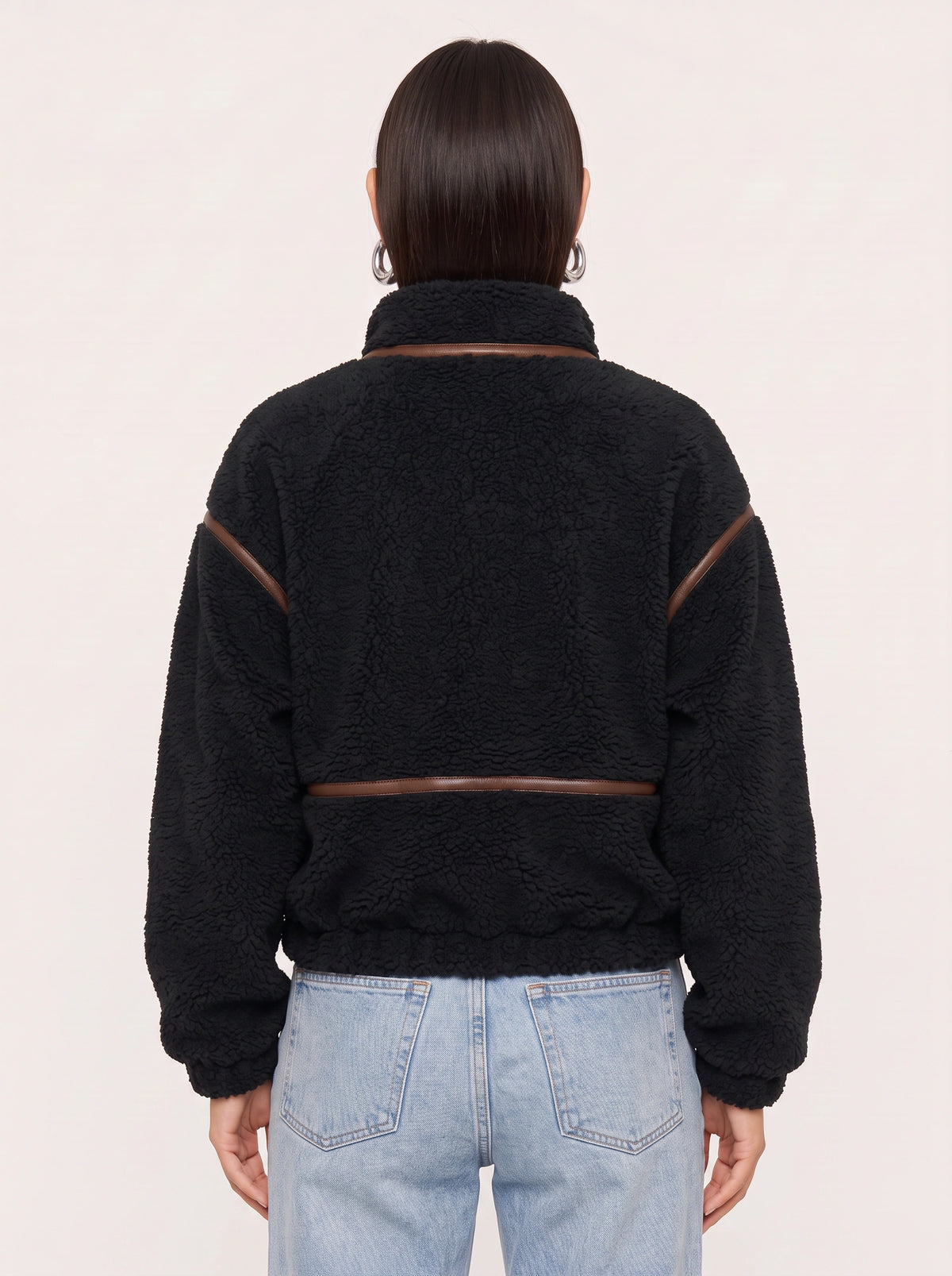Hollena Teddy Trim Crop Jacket – Black Fleece Zip Up Women Full Zip Sherpa Bomber Hooded Casual Jacket