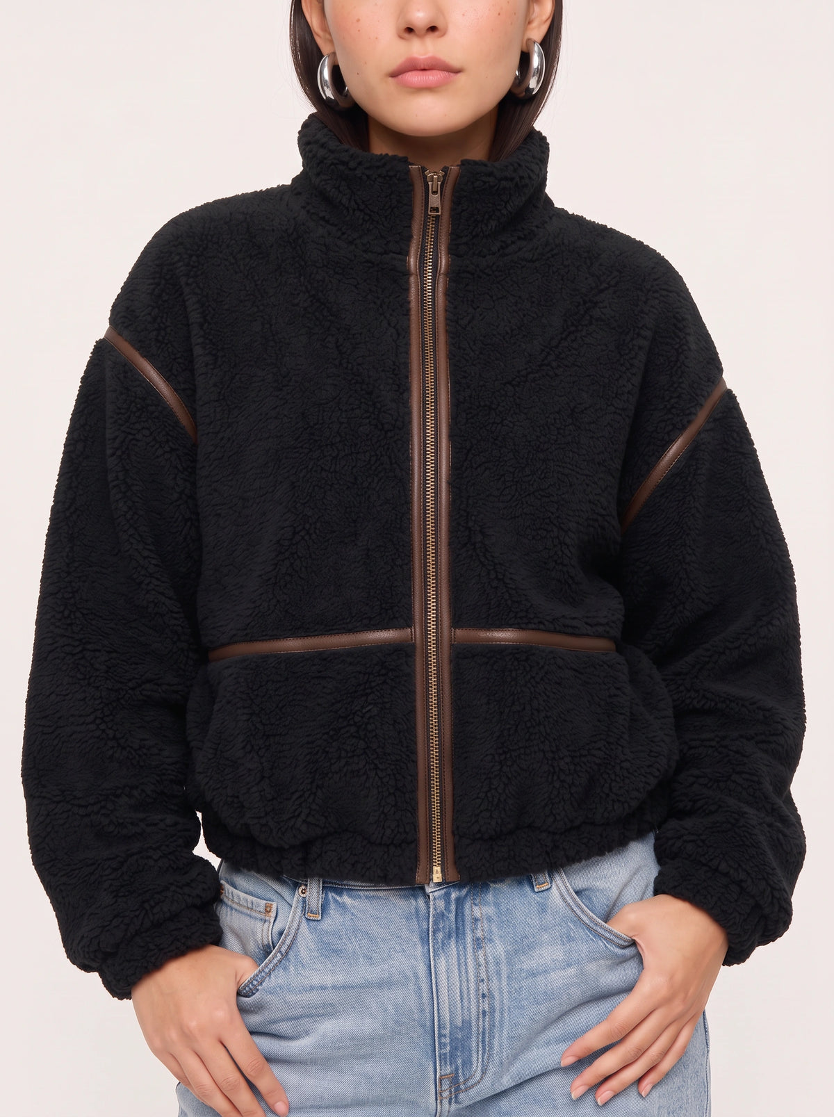 Hollena Teddy Trim Crop Jacket – Black Fleece Zip Up Women Full Zip Sherpa Bomber Hooded Casual Jacket