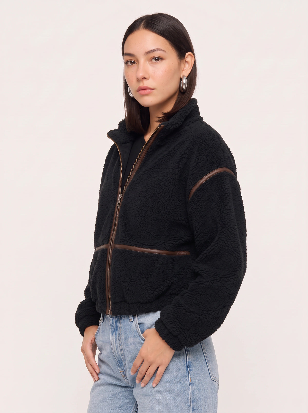 Hollena Teddy Trim Crop Jacket – Black Fleece Zip Up Women Full Zip Sherpa Bomber Hooded Casual Jacket