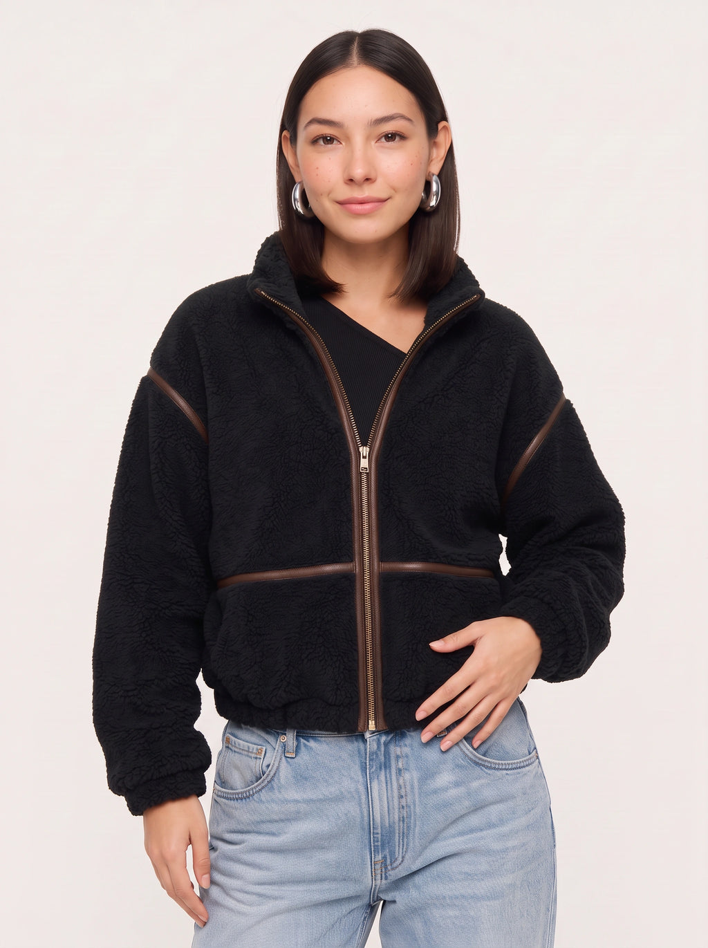 Hollena Teddy Trim Crop Jacket – Black Fleece Zip Up Women Full Zip Sherpa Bomber Hooded Casual Jacket