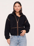 Hollena Teddy Trim Crop Jacket – Black Fleece Zip Up Women Full Zip Sherpa Bomber Hooded Casual Jacket