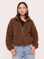 Hollena Teddy Trim Crop Jacket – Black Fleece Zip Up Women Full Zip Sherpa Bomber Hooded Casual Jacket