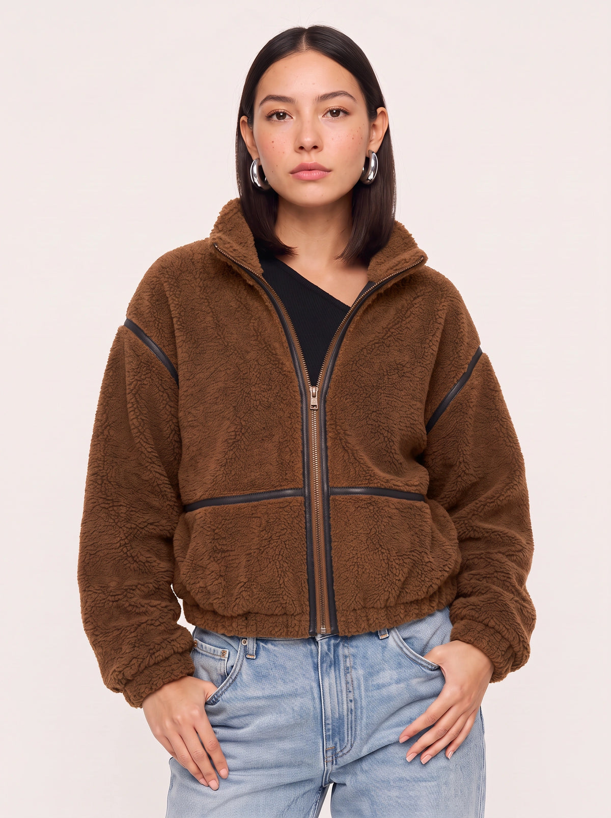 Hollena Teddy Trim Crop Jacket – Black Fleece Zip Up Women Full Zip Sherpa Bomber Hooded Casual Jacket