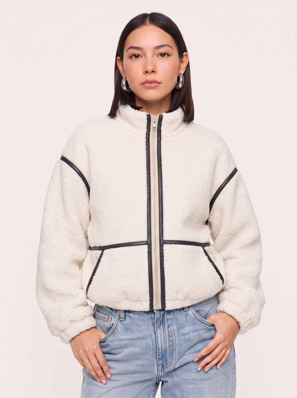 Hollena Teddy Trim Crop Jacket – Black Fleece Zip Up Women Full Zip Sherpa Bomber Hooded Casual Jacket