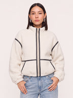 Hollena Teddy Trim Crop Jacket – Black Fleece Zip Up Women Full Zip Sherpa Bomber Hooded Casual Jacket