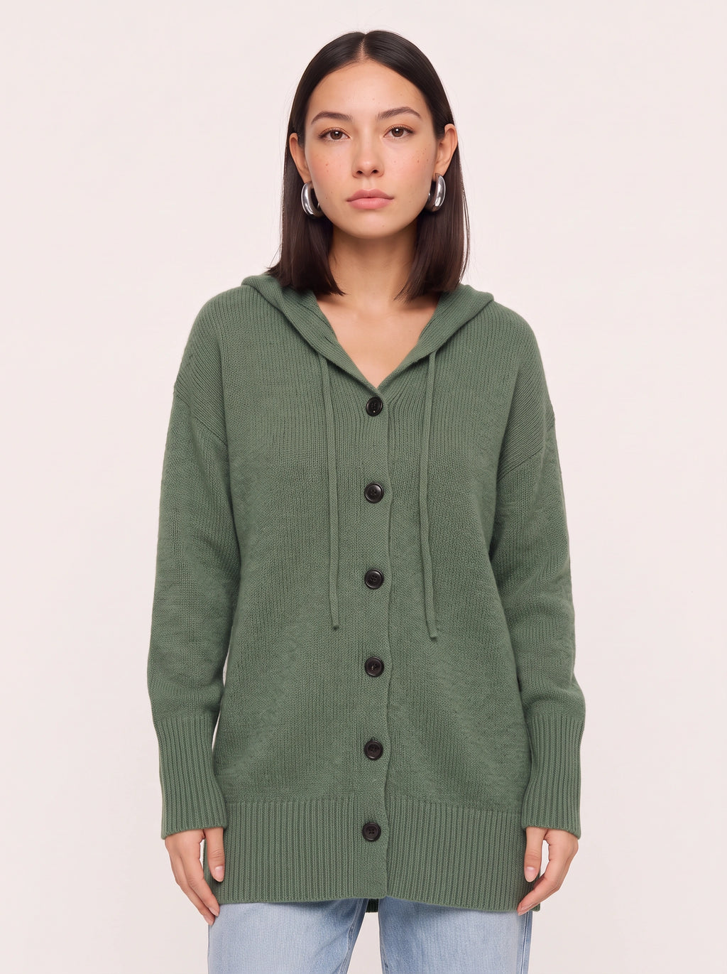 Brisette Hooded Button Longline Cardigan – Oversized Knit Cardigan Women Casual Loungewear Ribbed Jumper