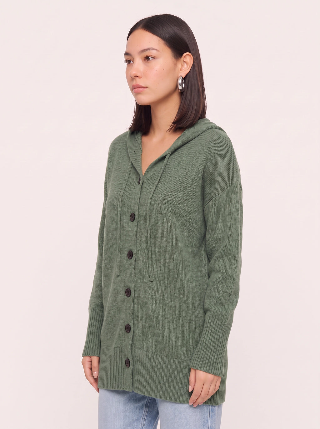 Brisette Hooded Button Longline Cardigan – Oversized Knit Cardigan Women Casual Loungewear Ribbed Jumper