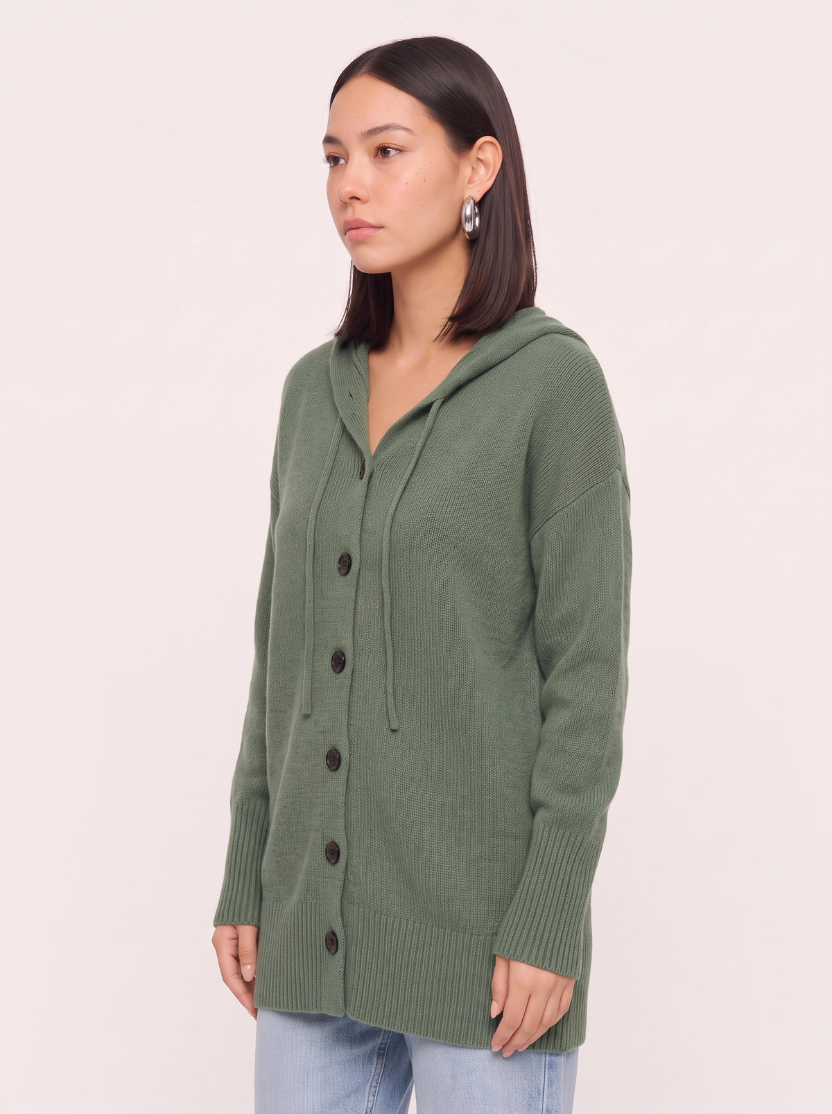 Brisette Hooded Button Longline Cardigan – Oversized Knit Cardigan Women Casual Loungewear Ribbed Jumper