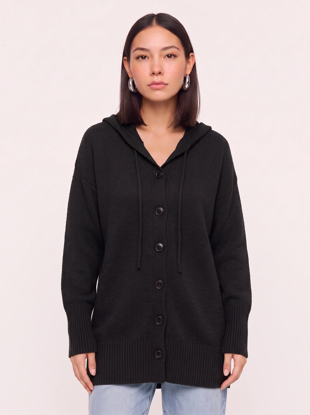 Brisette Hooded Button Longline Cardigan – Oversized Knit Cardigan Women Casual Loungewear Ribbed Jumper
