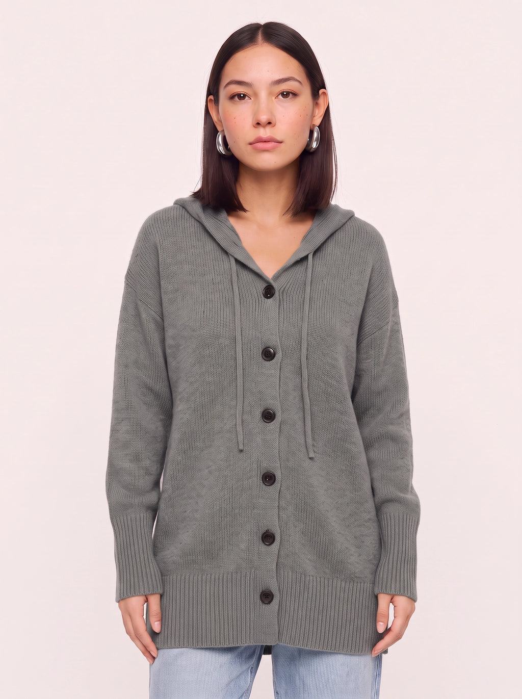 Brisette Hooded Button Longline Cardigan – Oversized Knit Cardigan Women Casual Loungewear Ribbed Jumper