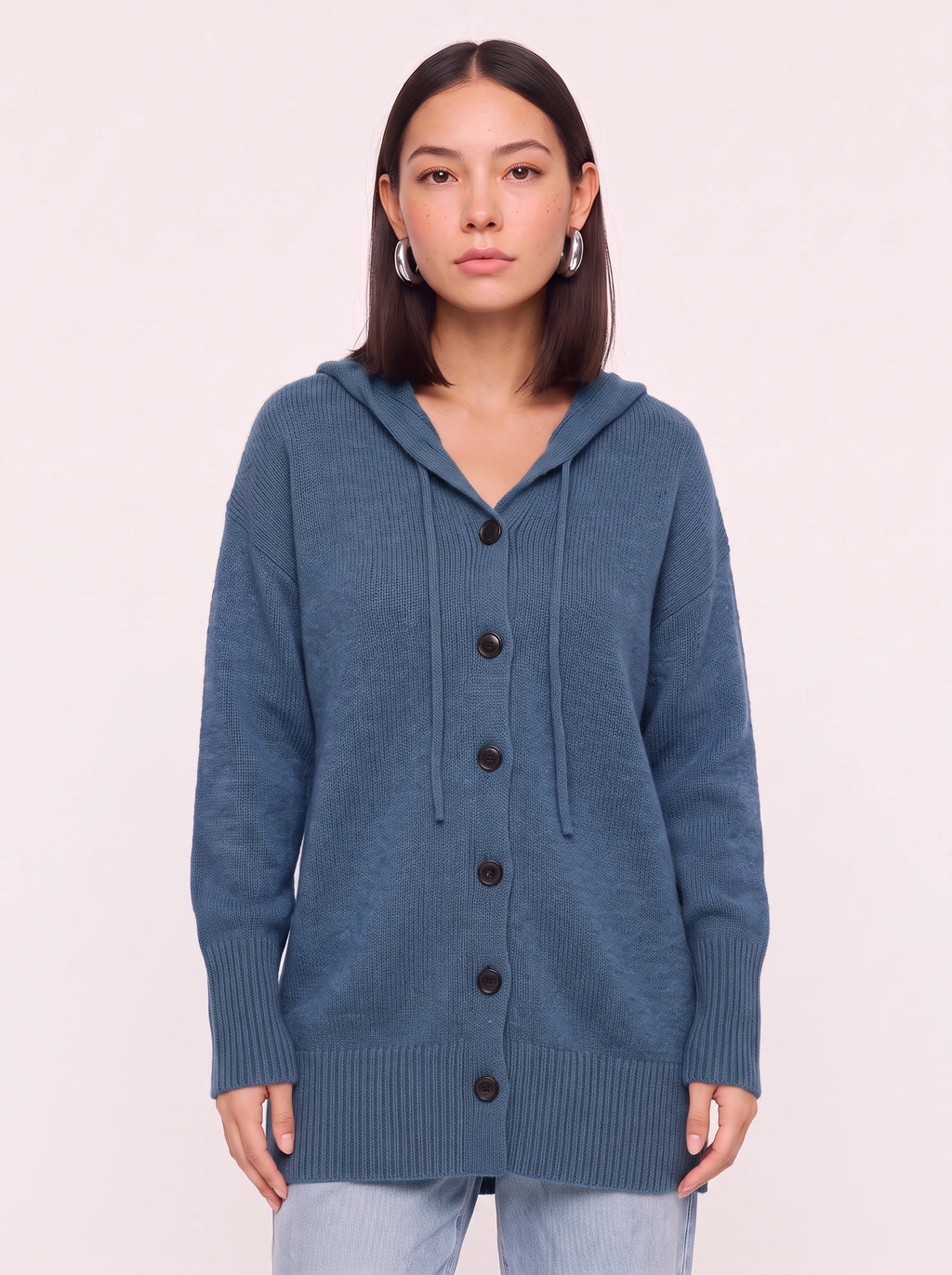 Brisette Hooded Button Longline Cardigan – Oversized Knit Cardigan Women Casual Loungewear Ribbed Jumper