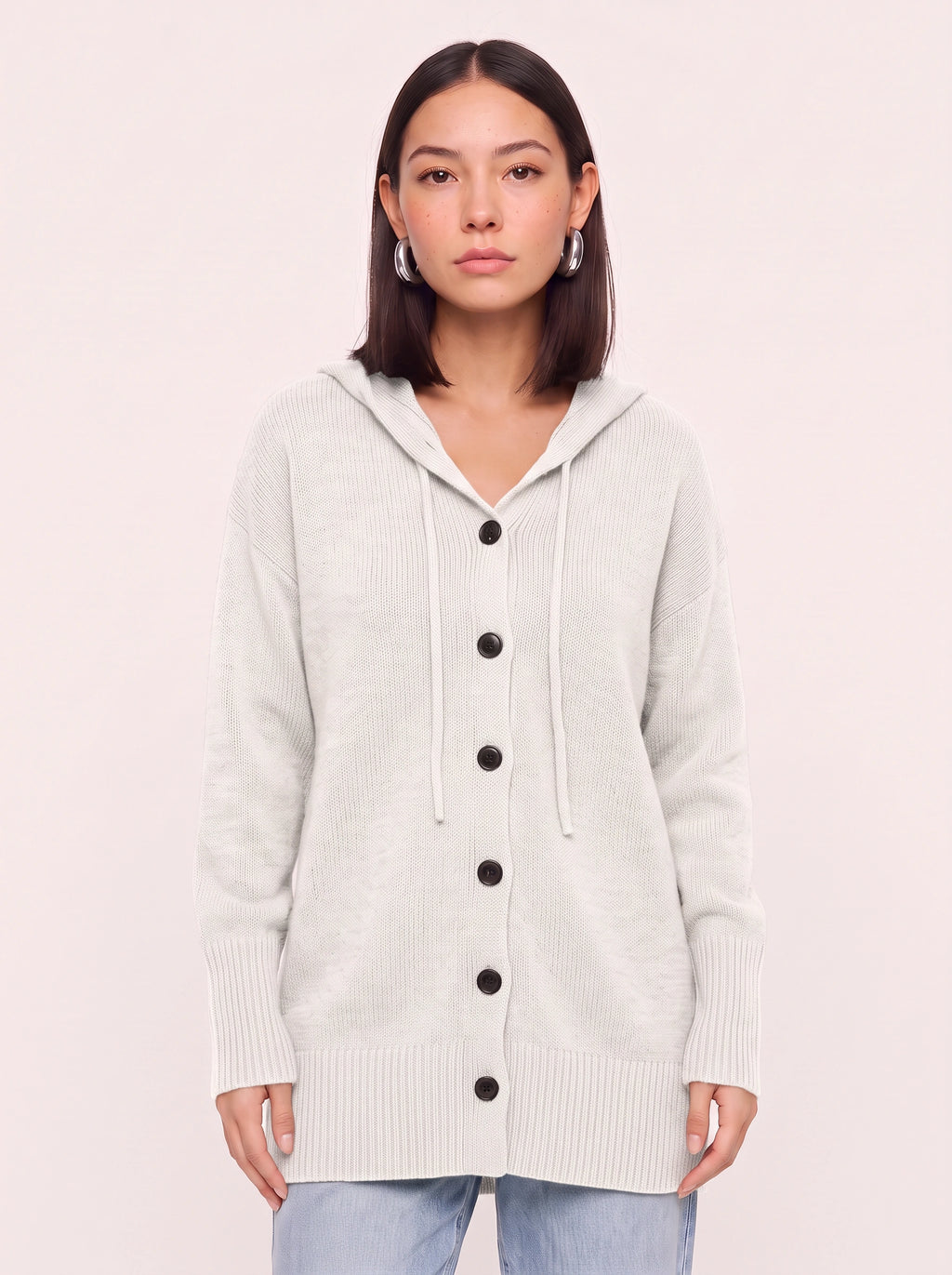 Brisette Hooded Button Longline Cardigan – Oversized Knit Cardigan Women Casual Loungewear Ribbed Jumper
