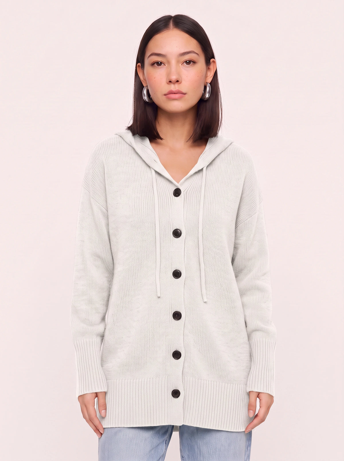 Brisette Hooded Button Longline Cardigan – Oversized Knit Cardigan Women Casual Loungewear Ribbed Jumper