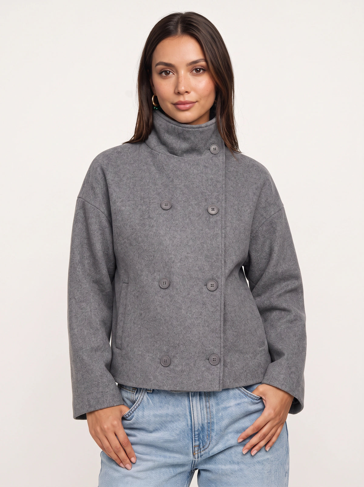 Funtrice Funnel Neck Jacket – Double-Breasted Wool-Blend Women Casual Office Autumn Winter Jacket