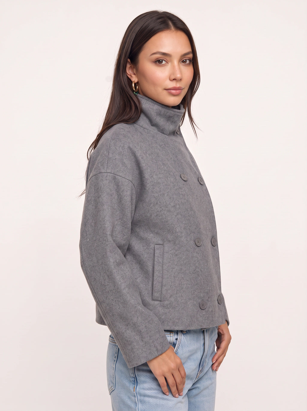 Funtrice Funnel Neck Jacket – Double-Breasted Wool-Blend Women Casual Office Autumn Winter Jacket