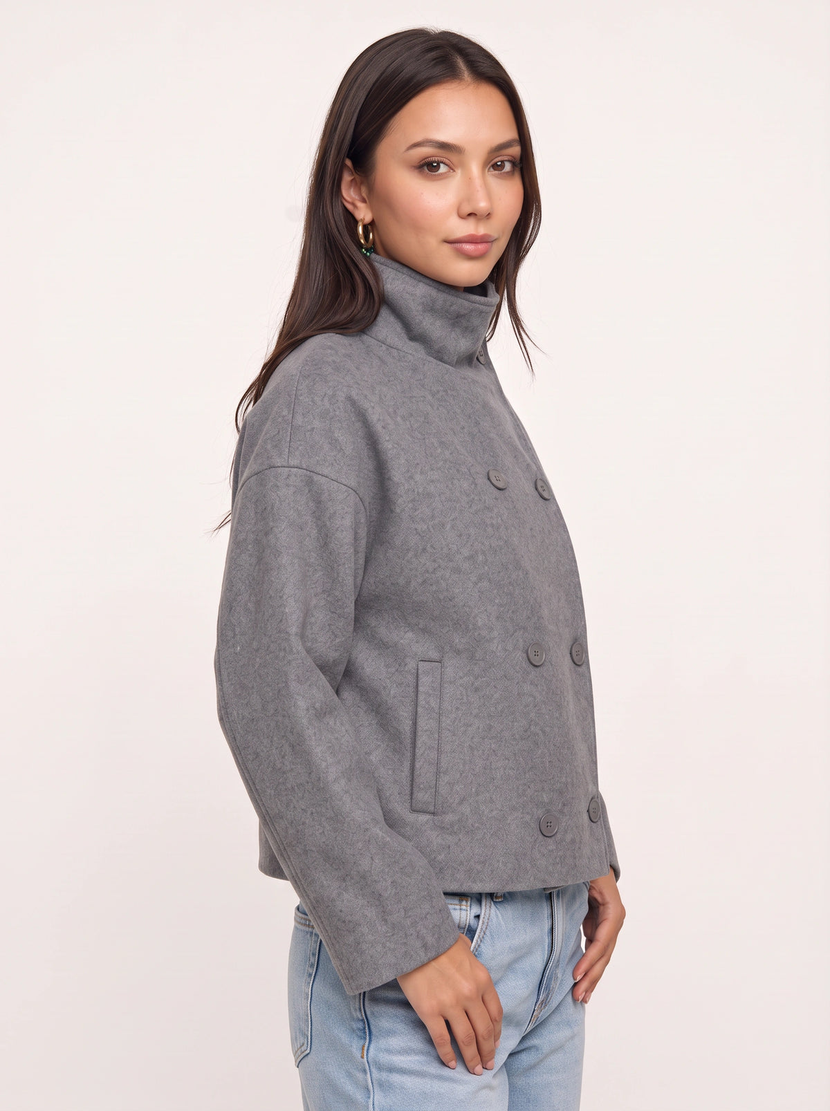 Funtrice Funnel Neck Jacket – Double-Breasted Wool-Blend Women Casual Office Autumn Winter Jacket