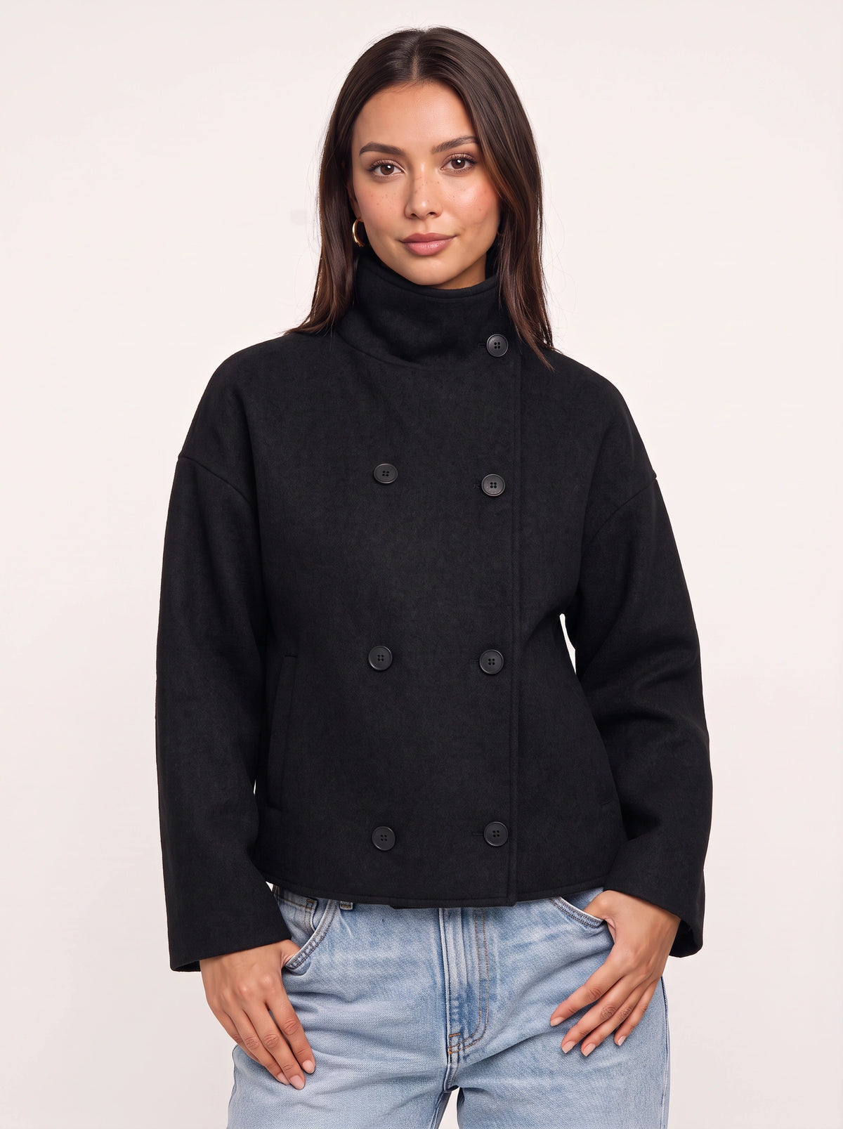 Funtrice Funnel Neck Jacket – Double-Breasted Wool-Blend Women Casual Office Autumn Winter Jacket