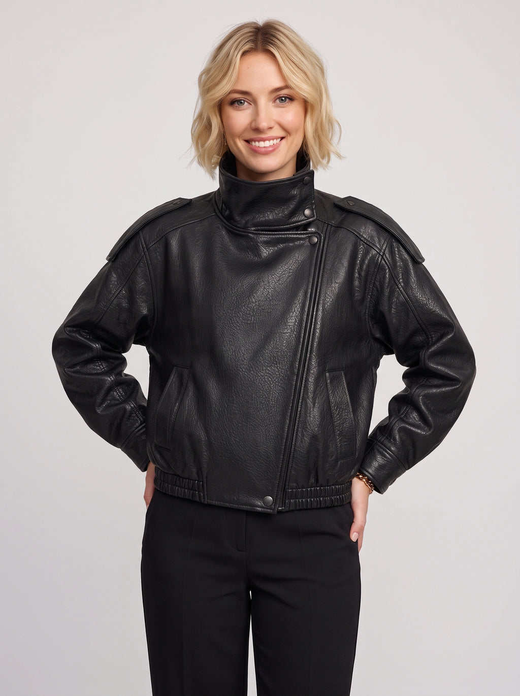 Quilpadra Funnel Neck Leather Jacket – Women Biker Oversized Casual Vegan Leather Bomber Jacket