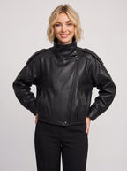 Quilpadra Funnel Neck Leather Jacket – Women Biker Oversized Casual Vegan Leather Bomber Jacket