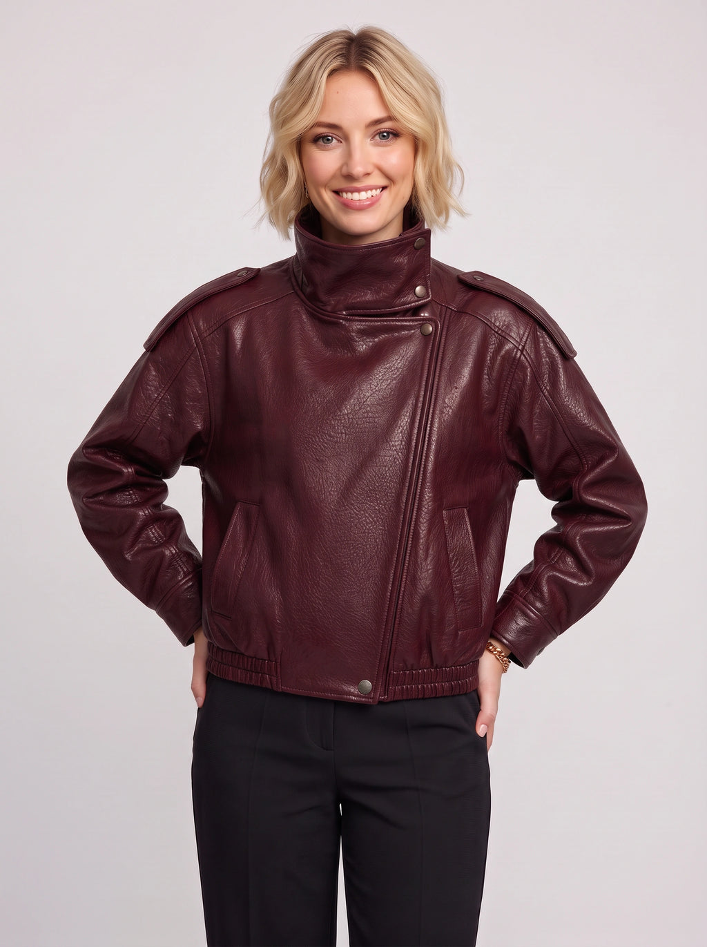 Quilpadra Funnel Neck Leather Jacket – Women Biker Oversized Casual Vegan Leather Bomber Jacket