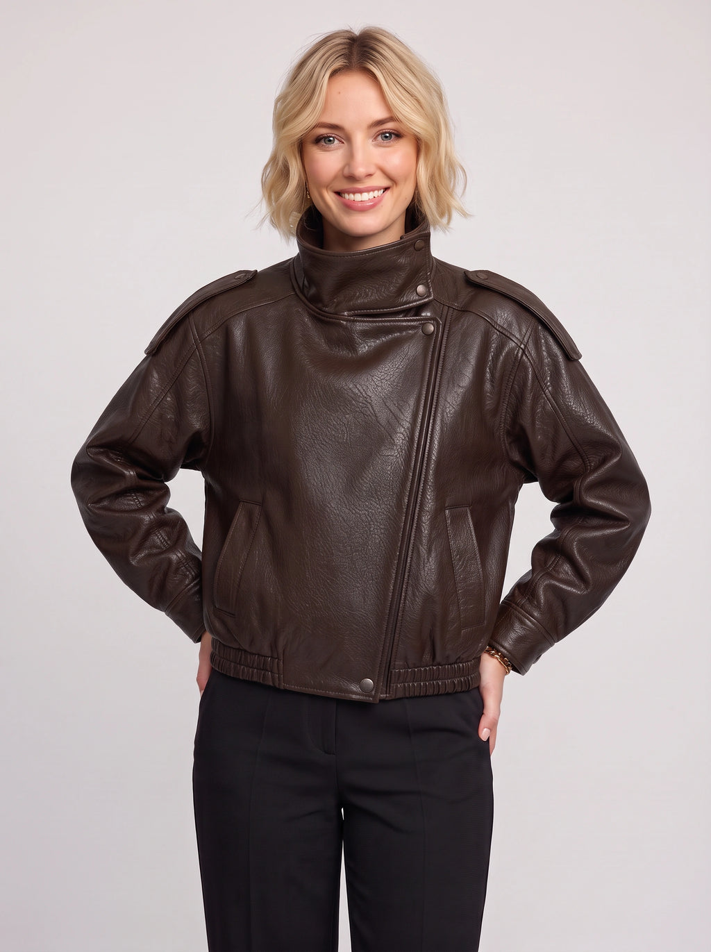 Quilpadra Funnel Neck Leather Jacket – Women Biker Oversized Casual Vegan Leather Bomber Jacket
