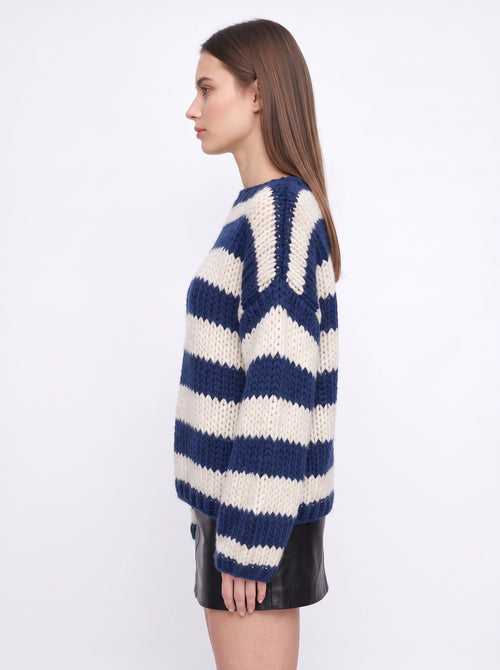 Banditte Oversized Striped Knit Jumper – Navy Cream Chunky Knit Sweater Women Fall Casual Knitwear