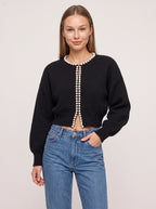 Perlintrim Cropped Cardigan – Ribbed Knit Pearl Embellished Women Sweater Fall Autumn Ladies Short Cardigan