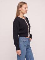 Perlintrim Cropped Cardigan – Ribbed Knit Pearl Embellished Women Sweater Fall Autumn Ladies Short Cardigan