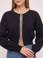 Perlintrim Cropped Cardigan – Ribbed Knit Pearl Embellished Women Sweater Fall Autumn Ladies Short Cardigan