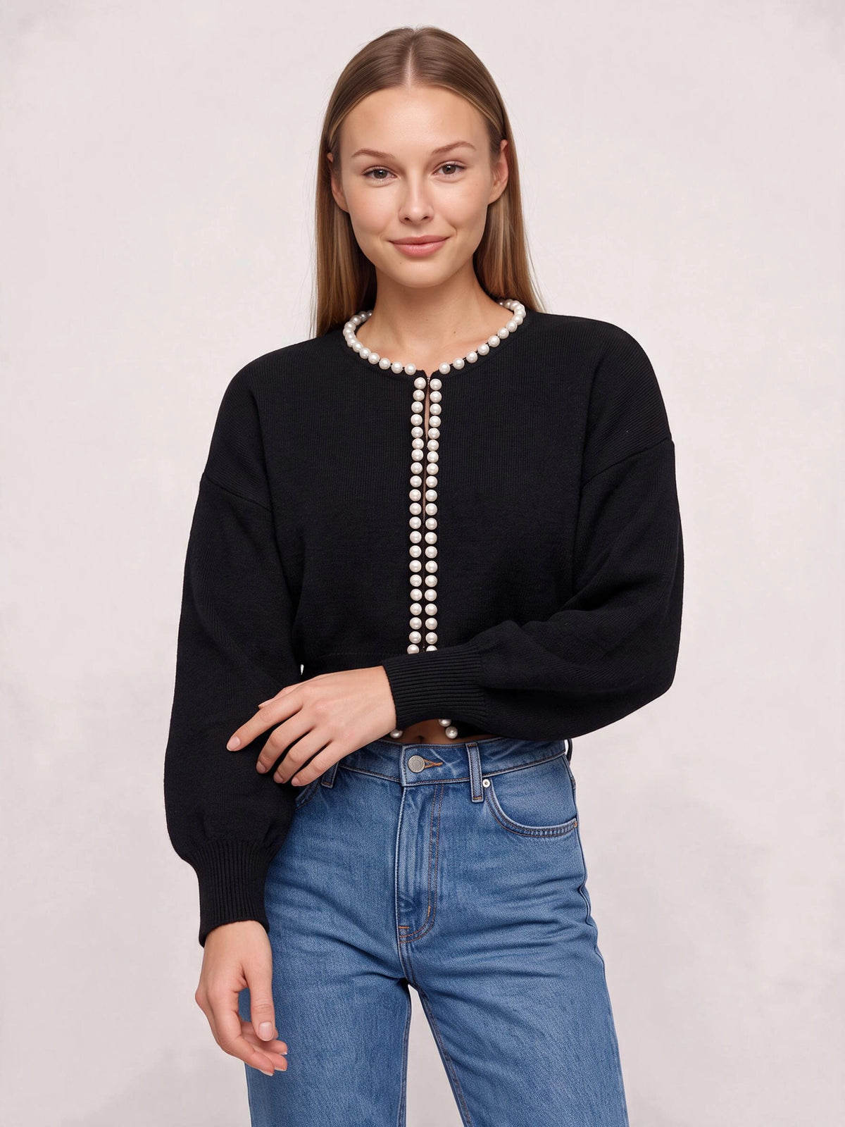 Perlintrim Cropped Cardigan – Ribbed Knit Pearl Embellished Women Sweater Fall Autumn Ladies Short Cardigan