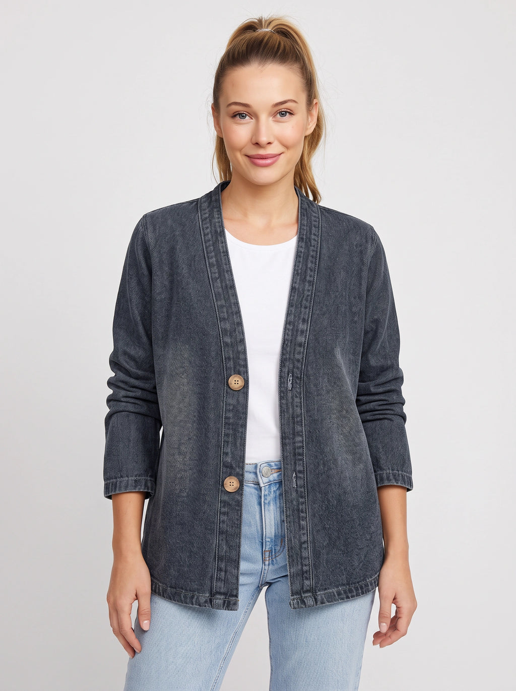 Wodenby Open Front Cardigan Jacket – Washed Denim Oversized Women Casual Lightweight Fall Blazer Jacket