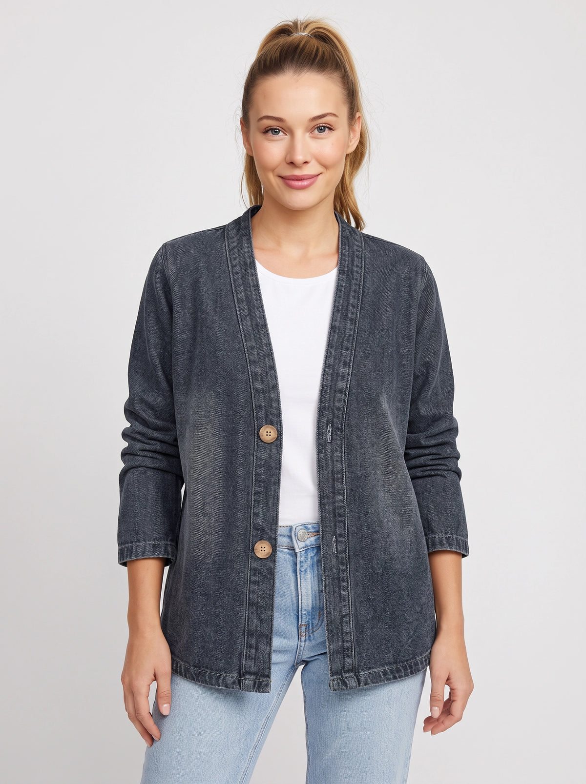 Wodenby Open Front Cardigan Jacket – Washed Denim Oversized Women Casual Lightweight Fall Blazer Jacket