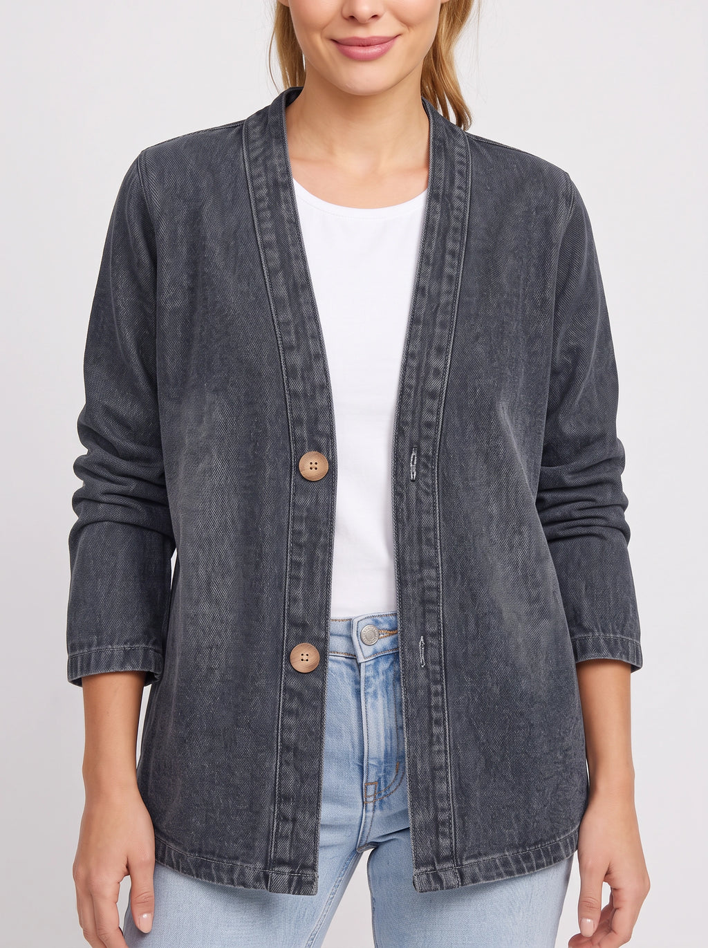 Wodenby Open Front Cardigan Jacket – Washed Denim Oversized Women Casual Lightweight Fall Blazer Jacket