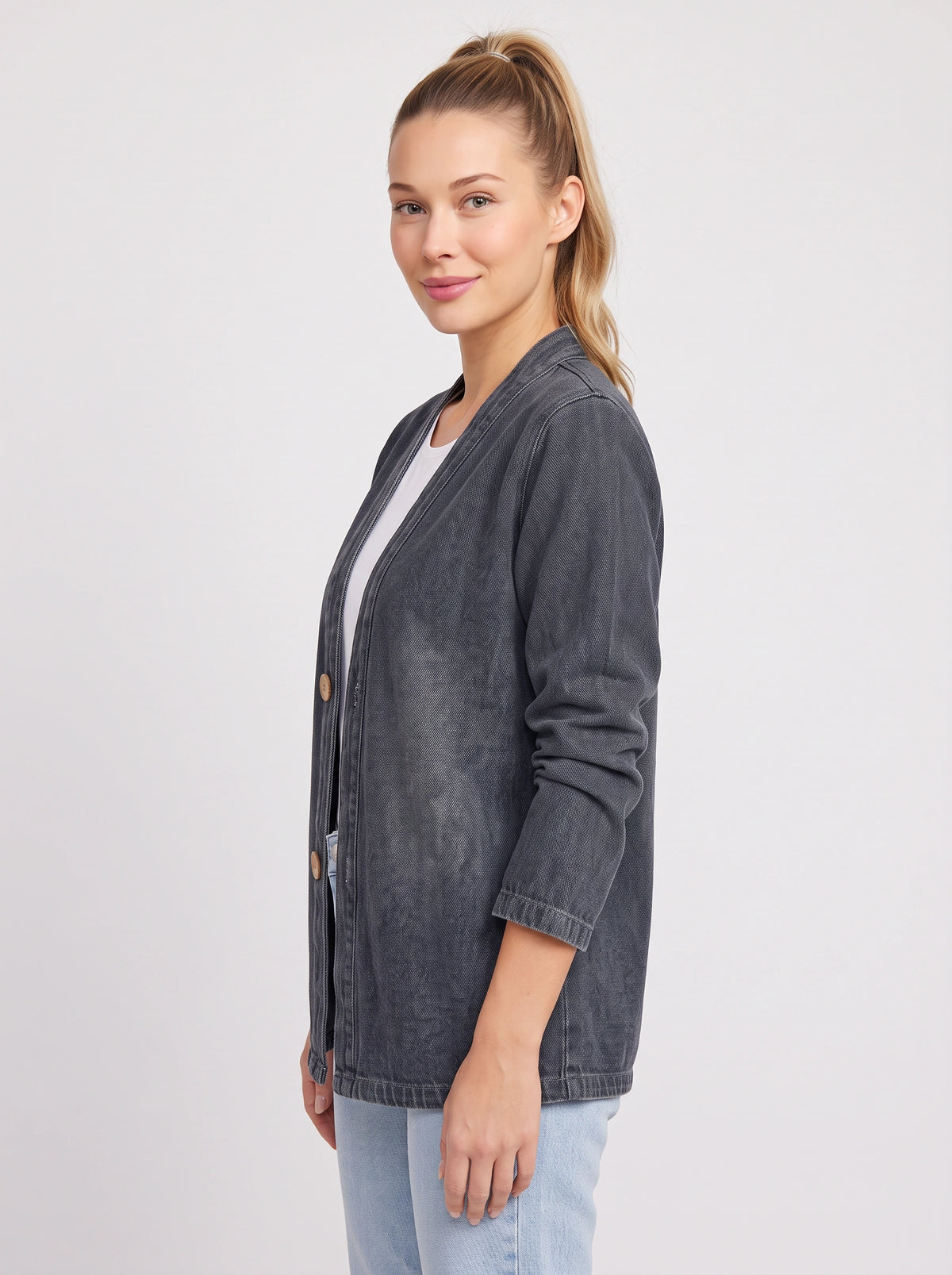 Wodenby Open Front Cardigan Jacket – Washed Denim Oversized Women Casual Lightweight Fall Blazer Jacket