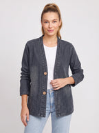 Wodenby Open Front Cardigan Jacket – Washed Denim Oversized Women Casual Lightweight Fall Blazer Jacket