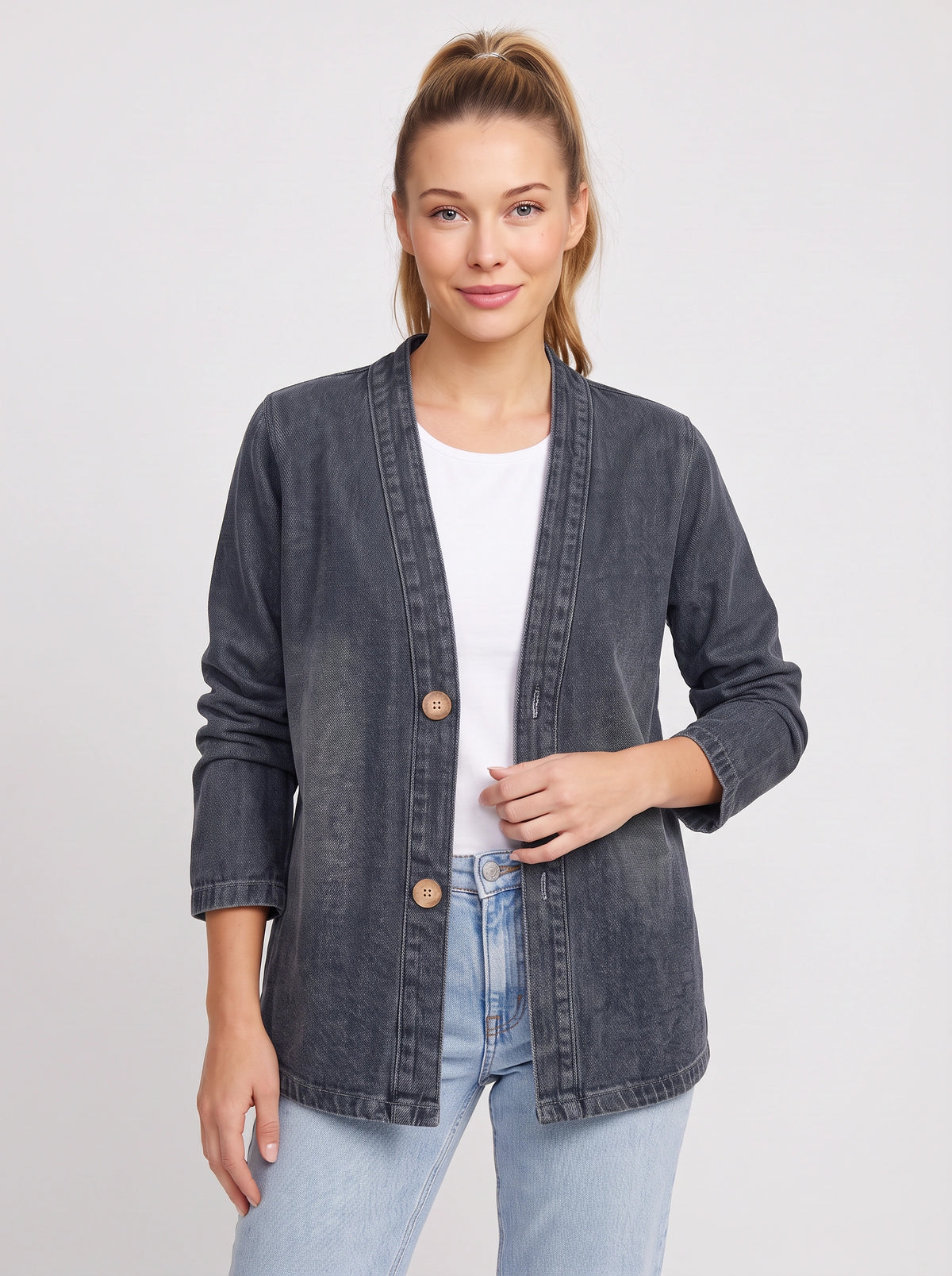 Wodenby Open Front Cardigan Jacket – Washed Denim Oversized Women Casual Lightweight Fall Blazer Jacket