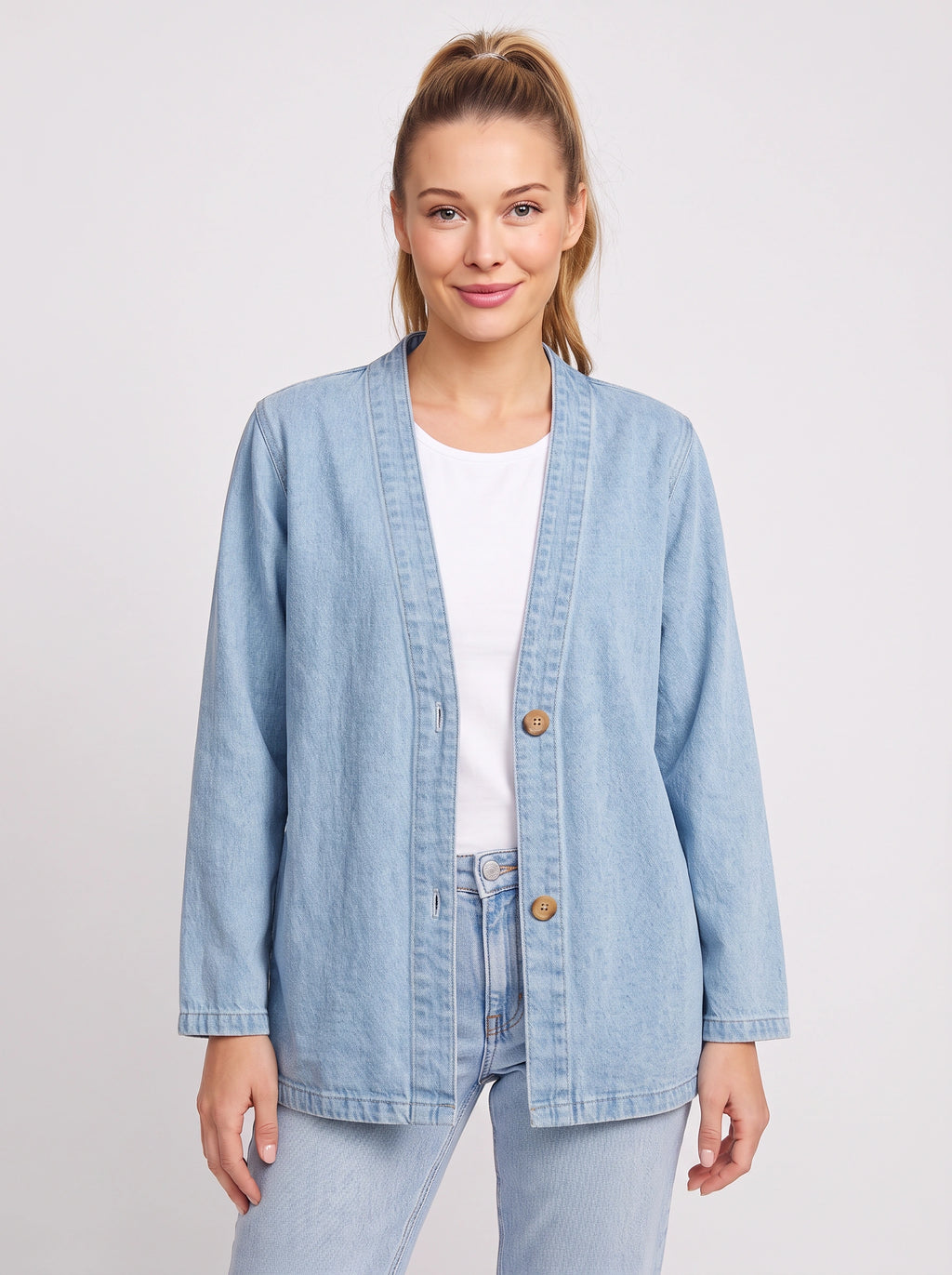 Wodenby Open Front Cardigan Jacket – Washed Denim Oversized Women Casual Lightweight Fall Blazer Jacket