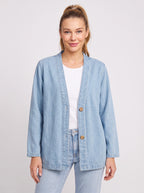 Wodenby Open Front Cardigan Jacket – Washed Denim Oversized Women Casual Lightweight Fall Blazer Jacket