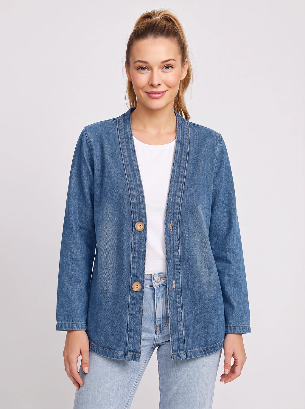 Wodenby Open Front Cardigan Jacket – Washed Denim Oversized Women Casual Lightweight Fall Blazer Jacket