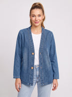 Wodenby Open Front Cardigan Jacket – Washed Denim Oversized Women Casual Lightweight Fall Blazer Jacket