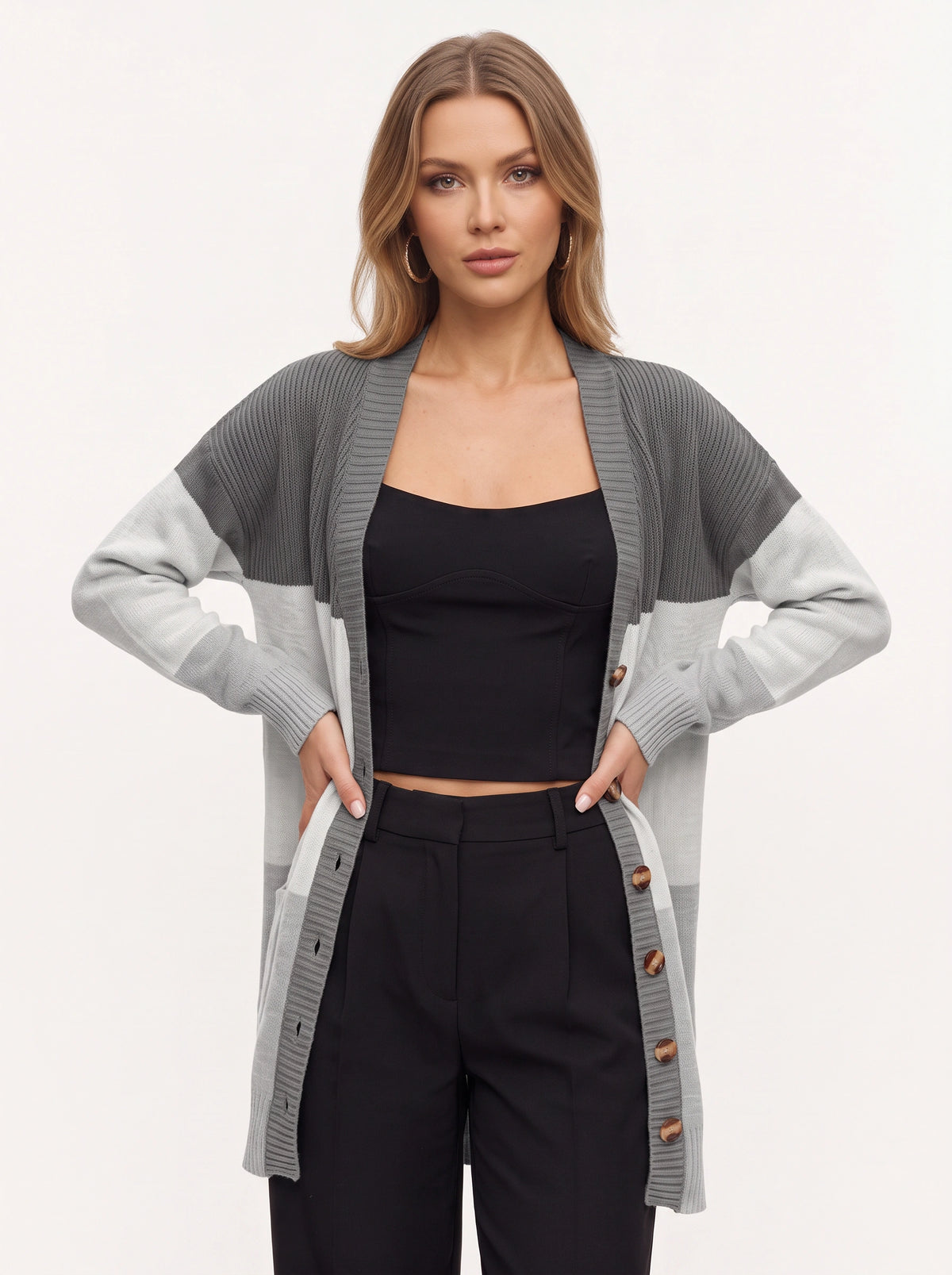 Blokenna Longline Open Front Cardigan – Colourblock Knit Women Oversized Longline Ribbed Cardigan